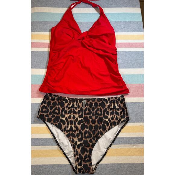 NWOT Red Halter Tankini with Leopard Bottoms - Size XXL - Picture 1 of 7